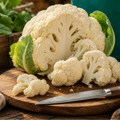 F1 Hybrid cauliflower plant with compact fresh head and green leaves – winter cauliflower seeds for home gardening in Pakistan