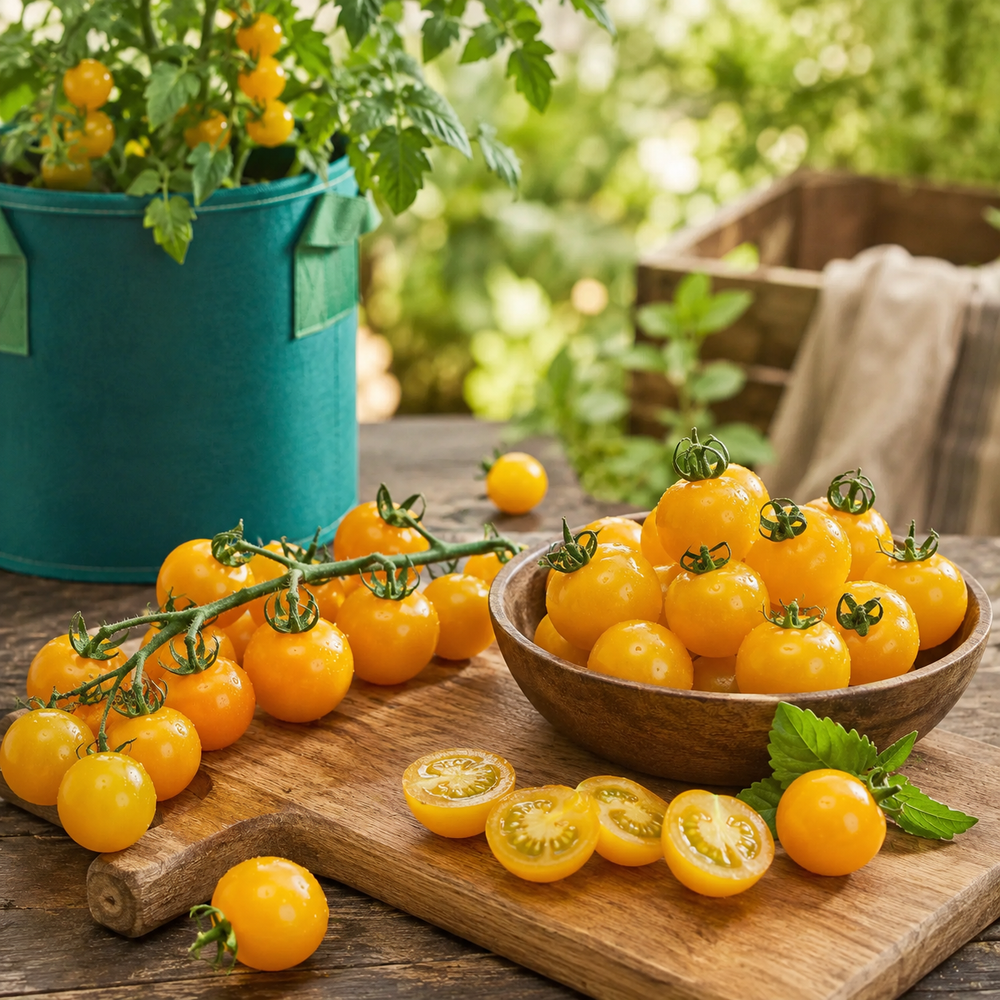 Yellow Cherry Tomato Determinate plant with ripe bright yellow cherry tomatoes