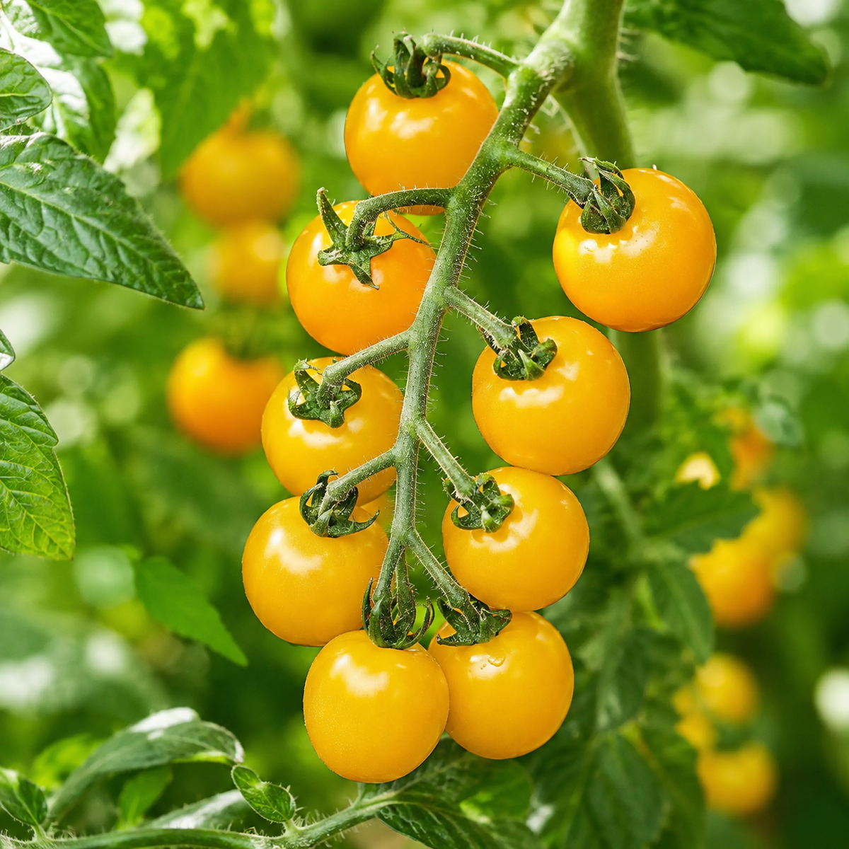 Yellow Cherry Tomato Determinate plant with ripe bright yellow cherry tomatoes