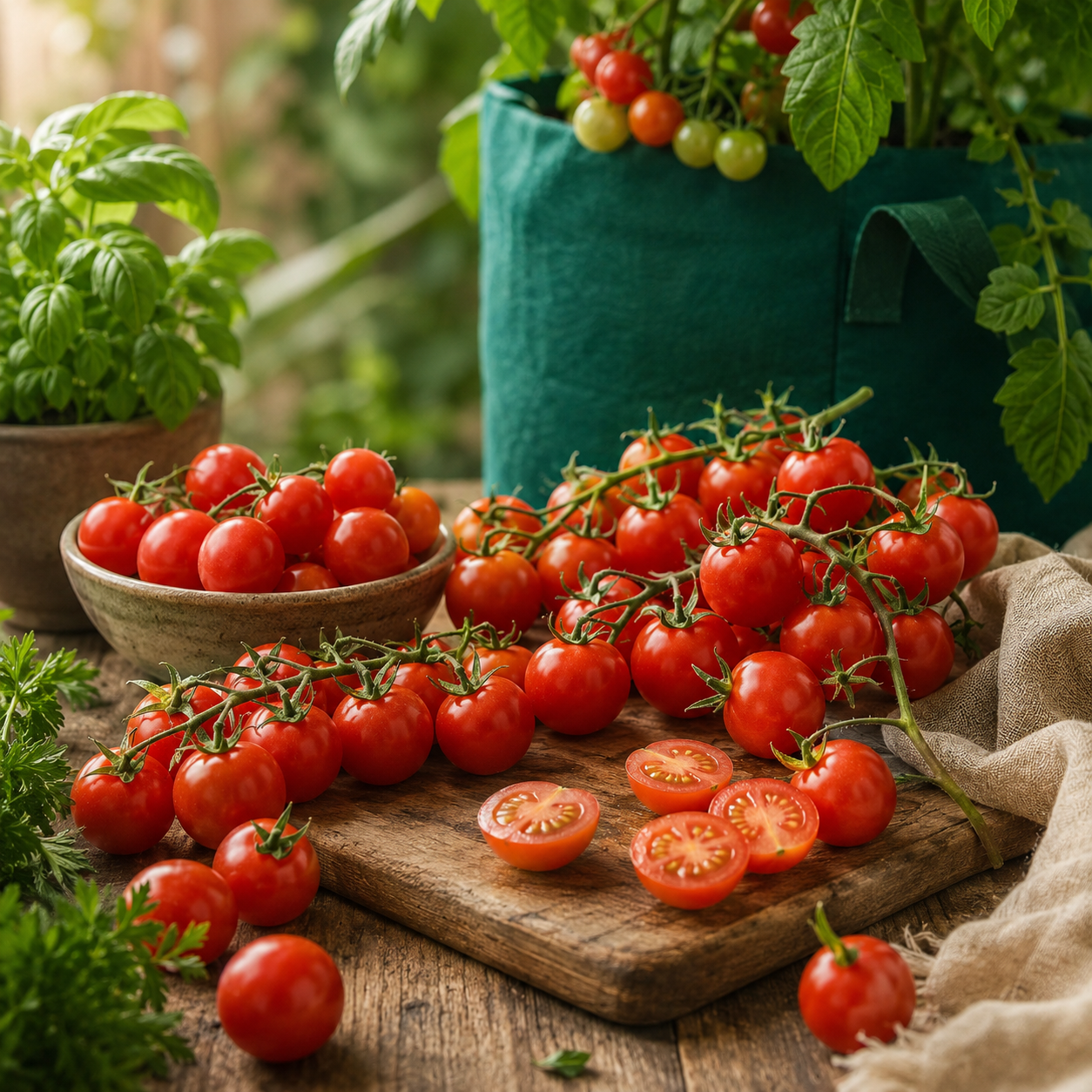 Red cherry tomatoes growing in clusters on a healthy indeterminate vine – Cherry Vine Tomato Seeds for summer and winter gardening in Pakistan