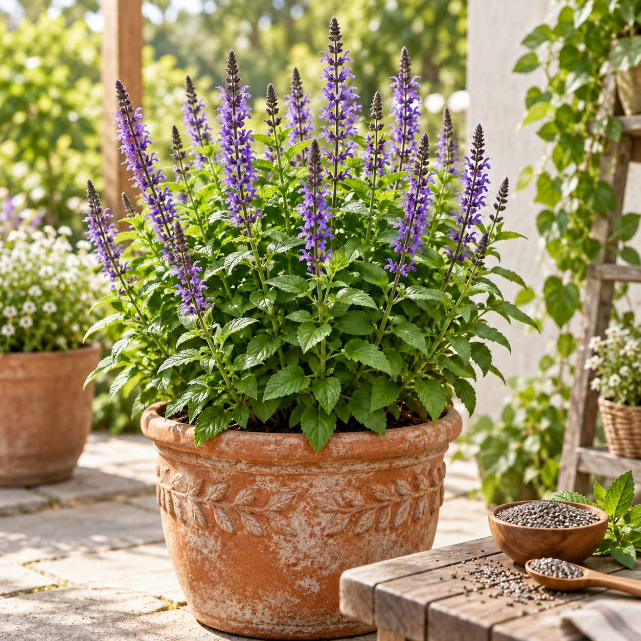 Chia Salvia hispanica plants with green foliage and purple flower spikes producing edible chia seeds – winter seed crop for home gardens in Pakistan