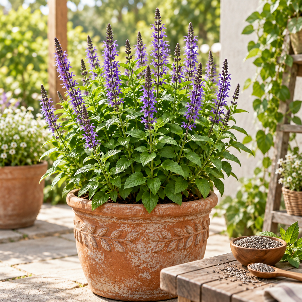 Chia Salvia hispanica plants with green foliage and purple flower spikes producing edible chia seeds – winter seed crop for home gardens in Pakistan
