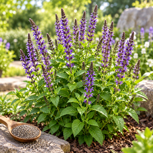 Chia Salvia hispanica plants with green foliage and purple flower spikes producing edible chia seeds – winter seed crop for home gardens in Pakistan