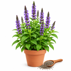 Chia Salvia hispanica plants with green foliage and purple flower spikes producing edible chia seeds – winter seed crop for home gardens in Pakistan