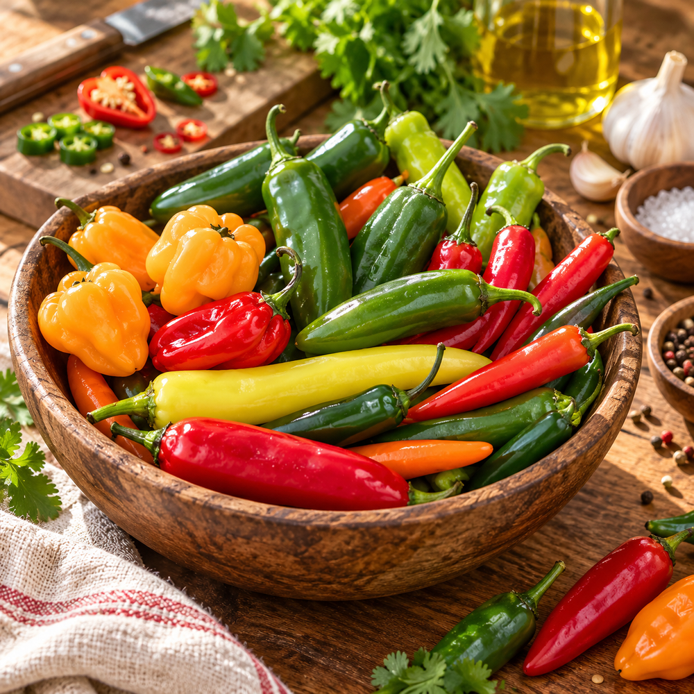 Hot Mixed Chilli Pepper varieties featuring colourful green red yellow orange and purple hot chillies in assorted shapes and sizes – summer and winter chilli seeds Pakistan