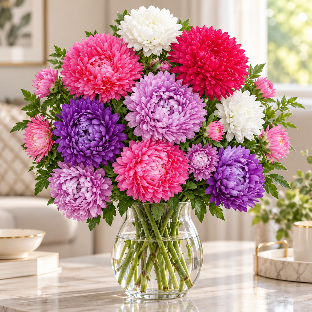 China Aster Dwarf Milady Mix with large double chrysanthemum-like flowers in pink purple lilac red and white – compact winter flowering plants for pots and grow bags Pakistan