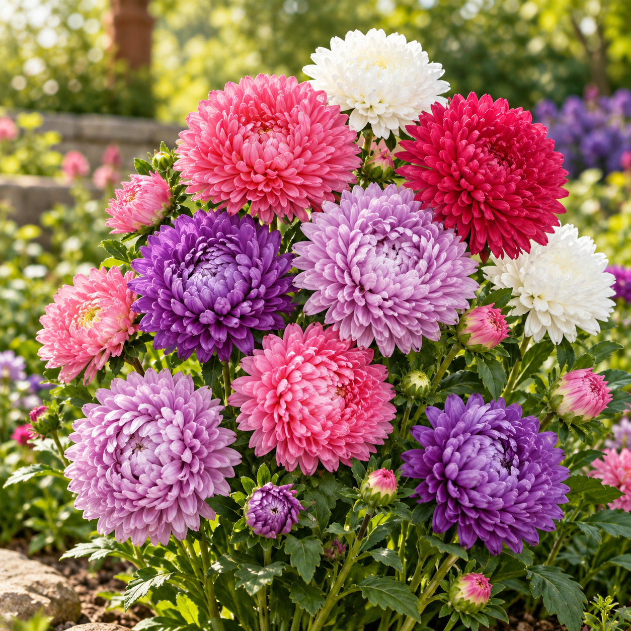 China Aster Dwarf Milady Mix with large double chrysanthemum-like flowers in pink purple lilac red and white – compact winter flowering plants for pots and grow bags Pakistan