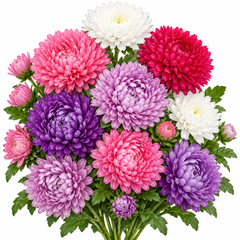 China Aster Dwarf Milady Mix with large double chrysanthemum-like flowers in pink purple lilac red and white – compact winter flowering plants for pots and grow bags Pakistan