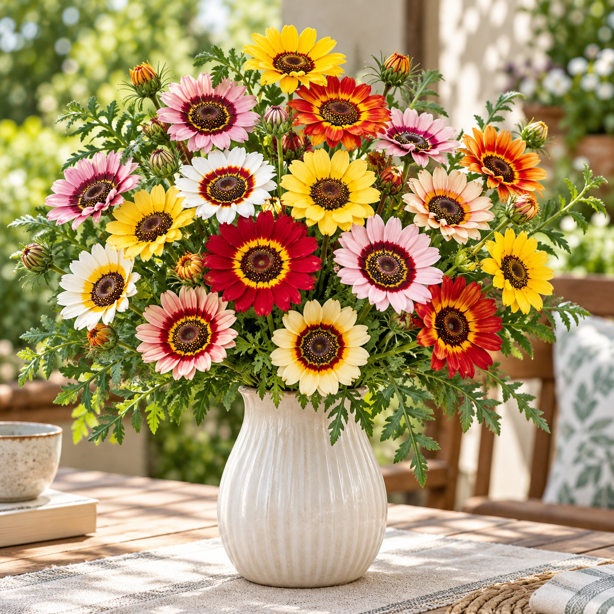 Tricolor Daisy Chrysanthemum carinatum Ismelia carinata with colourful white yellow and deep red ringed flowers – winter flower seeds for gardens in Pakistan