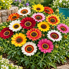 Tricolor Daisy Chrysanthemum carinatum Ismelia carinata with colourful white yellow and deep red ringed flowers – winter flower seeds for gardens in Pakistan