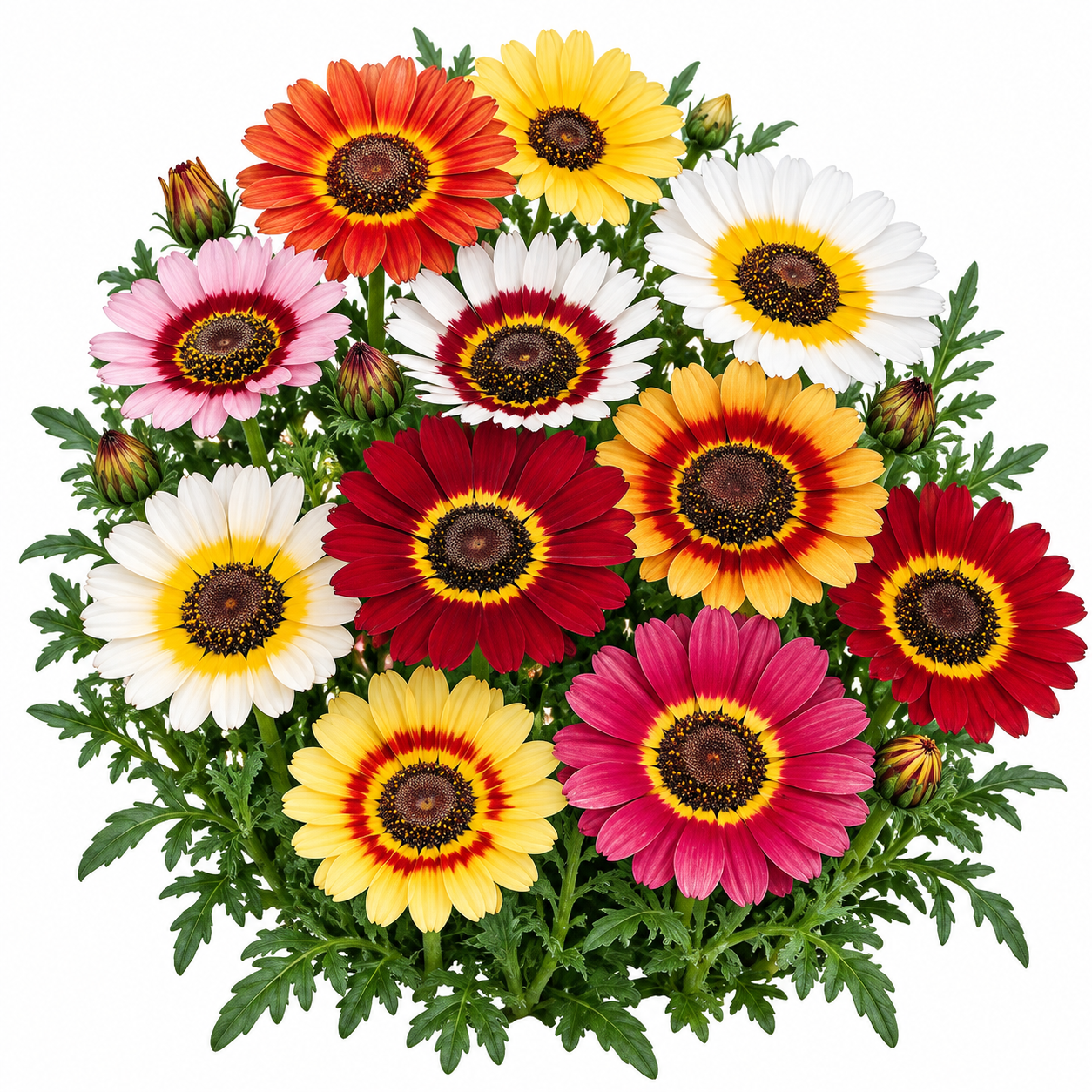Tricolor Daisy Chrysanthemum carinatum Ismelia carinata with colourful white yellow and deep red ringed flowers – winter flower seeds for gardens in Pakistan