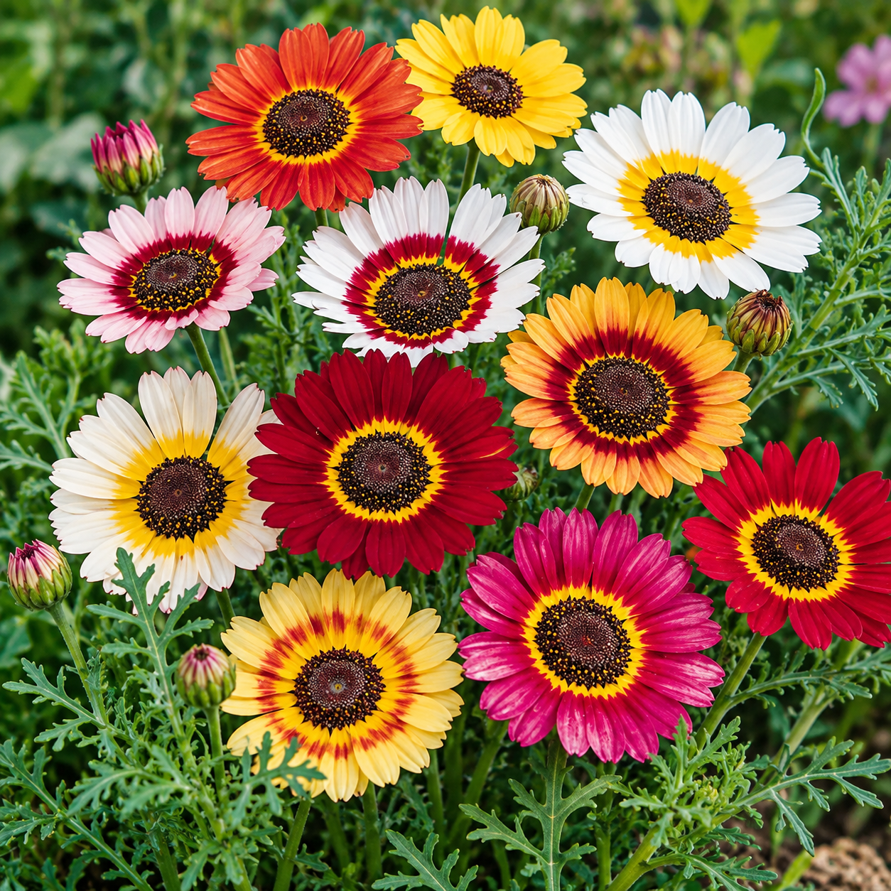 Tricolor Daisy Chrysanthemum carinatum Ismelia carinata with colourful white yellow and deep red ringed flowers – winter flower seeds for gardens in Pakistan