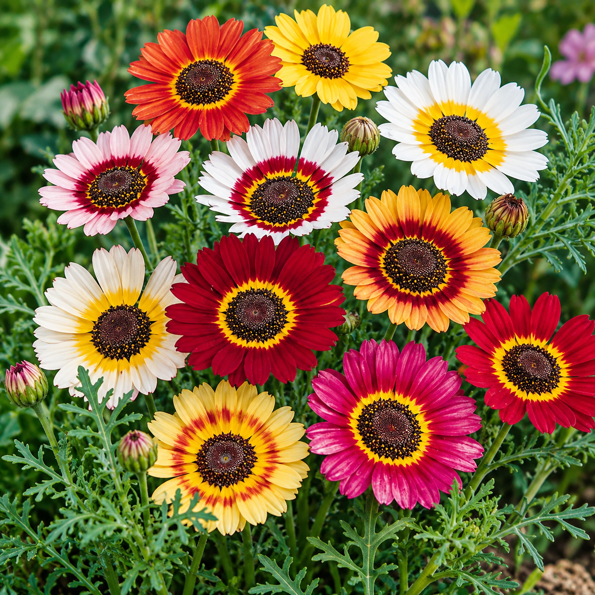 Tricolor Daisy Chrysanthemum carinatum Ismelia carinata with colourful white yellow and deep red ringed flowers – winter flower seeds for gardens in Pakistan