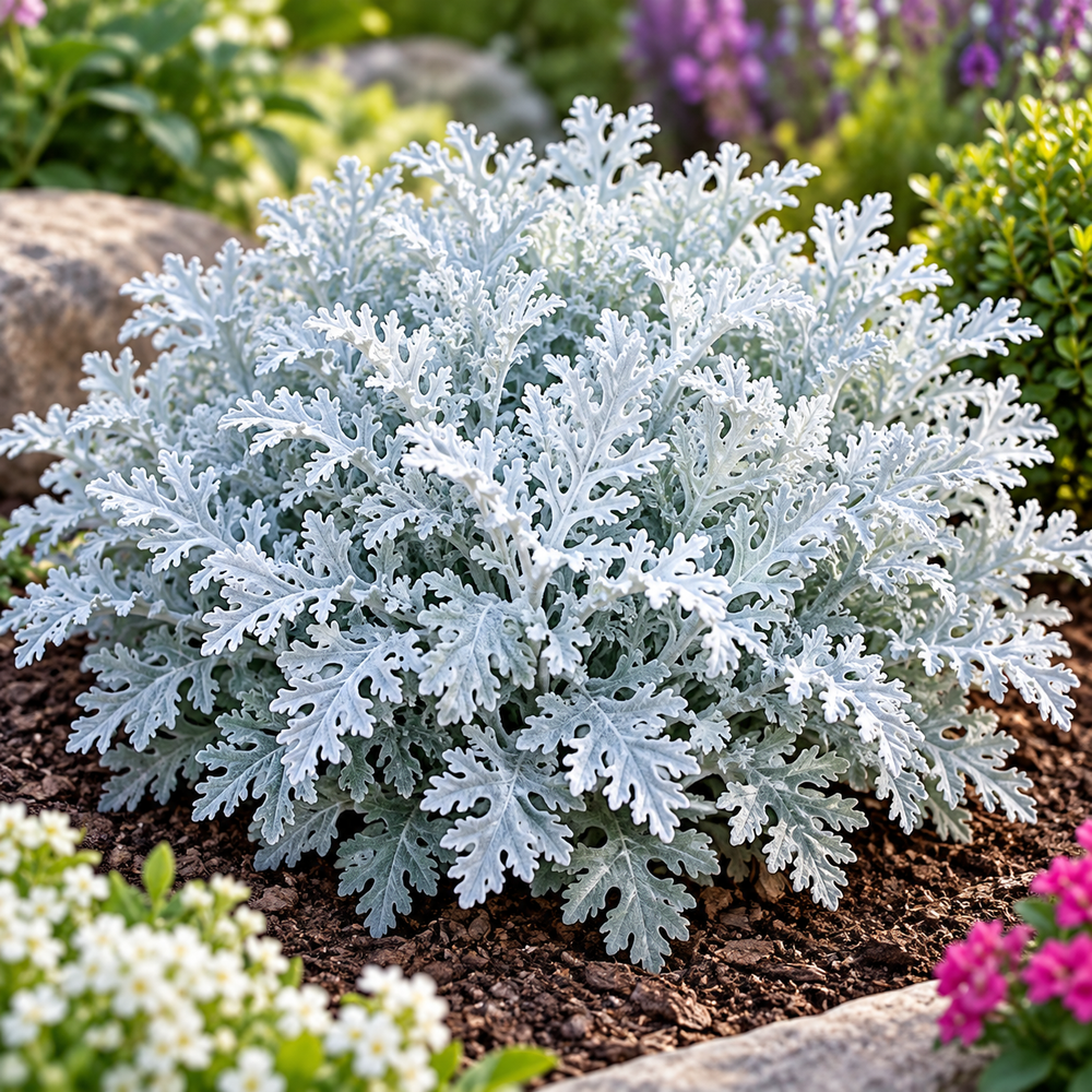 Cineraria Silver Dust Jacobaea maritima with finely cut silver-grey foliage – ornamental winter foliage seeds for pots, borders, grow bags and gardens in Pakistan