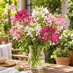Cleome Spider Flower Mix with tall upright plants bearing elegant pink purple lavender and white flower clusters with long spider-like stamens – summer flower seeds Pakistan