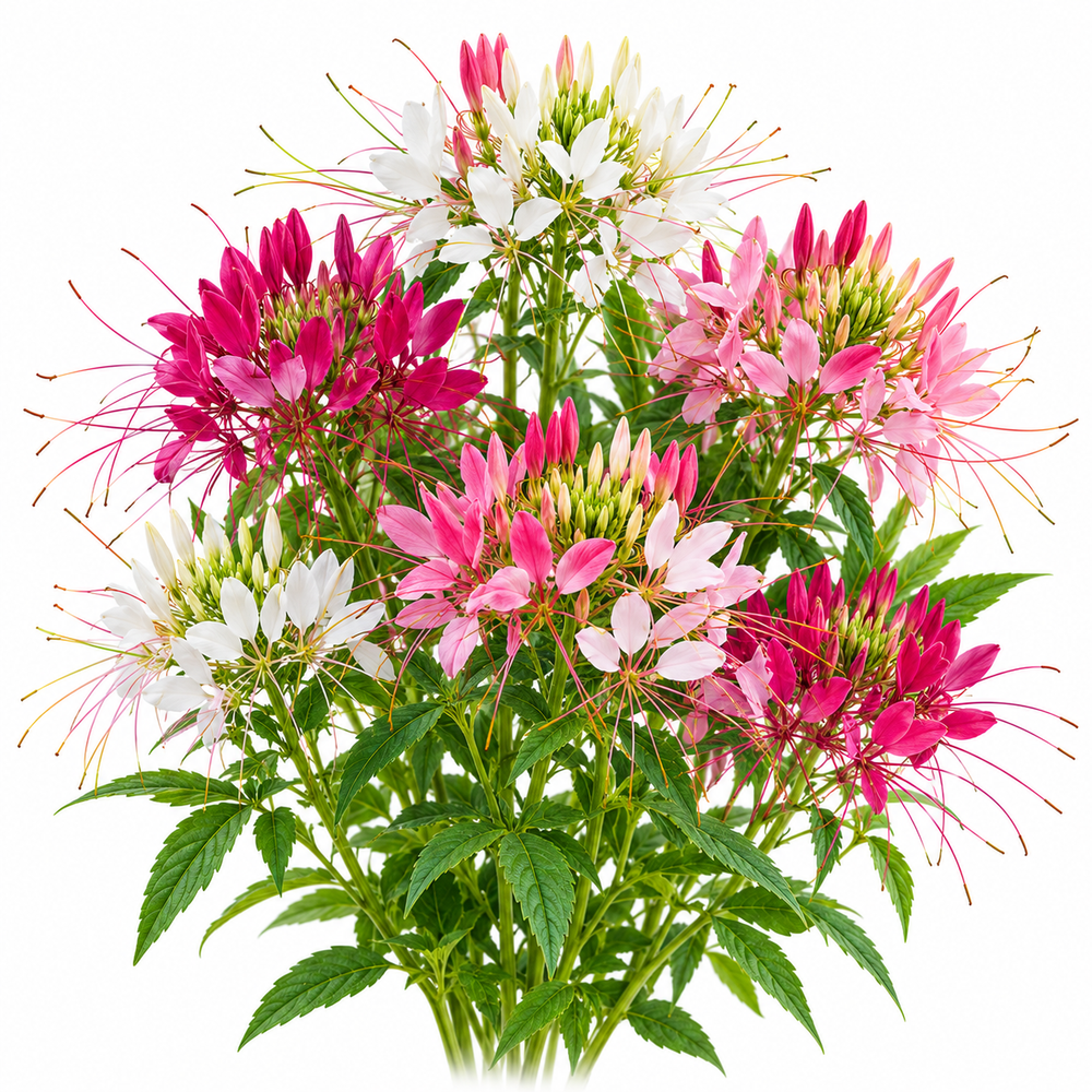 Cleome Spider Flower Mix with tall upright plants bearing elegant pink purple lavender and white flower clusters with long spider-like stamens – summer flower seeds Pakistan