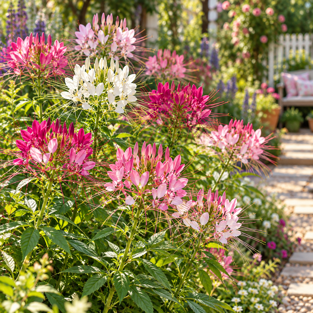 Cleome Spider Flower Mix with tall upright plants bearing elegant pink purple lavender and white flower clusters with long spider-like stamens – summer flower seeds Pakistan