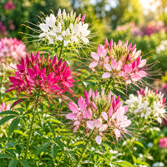Cleome Spider Flower Mix with tall upright plants bearing elegant pink purple lavender and white flower clusters with long spider-like stamens – summer flower seeds Pakistan
