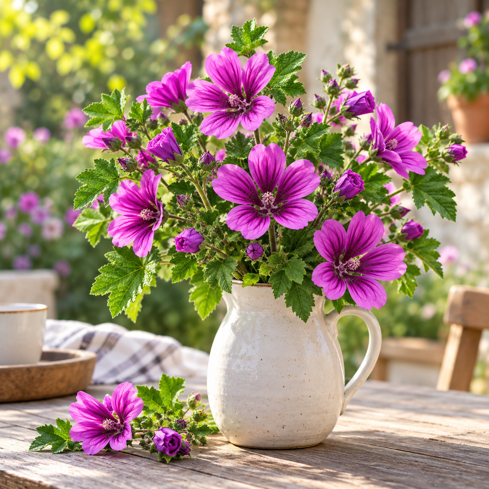 Common Mallow Malva sylvestris with beautiful pink purple veined flowers and green foliage – winter summer flower seeds for pots beds and grow bags in Pakistan