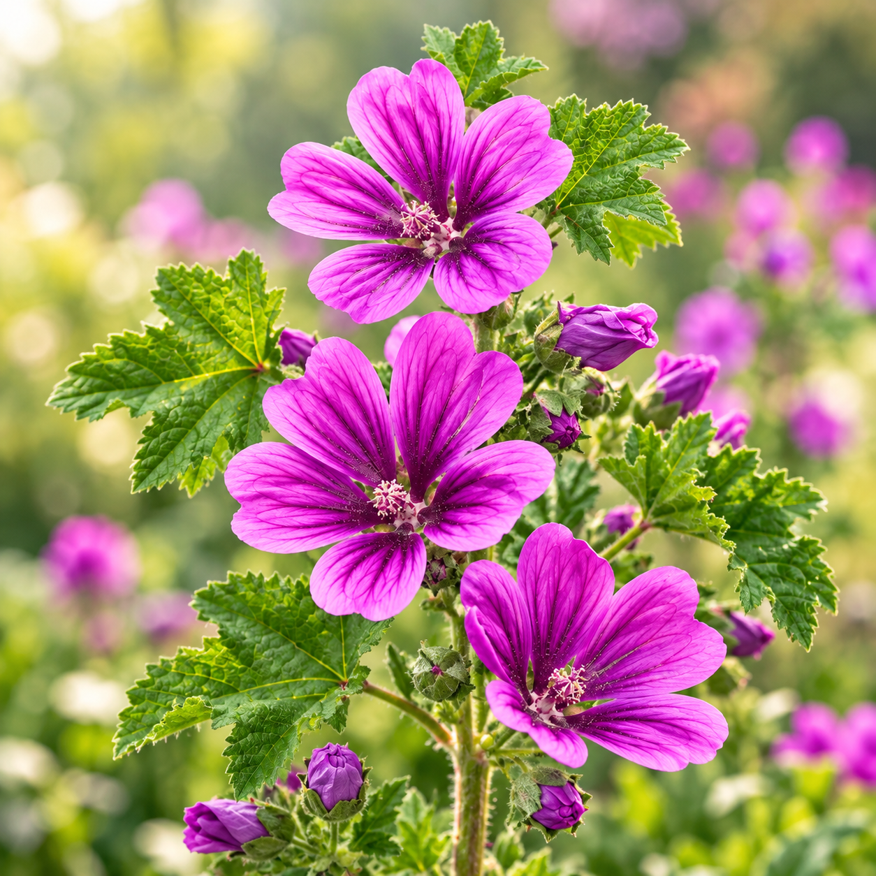 Common Mallow Malva sylvestris with beautiful pink purple veined flowers and green foliage – winter summer flower seeds for pots beds and grow bags in Pakistan