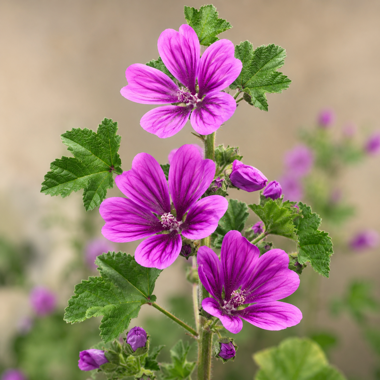 Common Mallow Malva sylvestris pink purple flowers grown from seeds in Pakistan
