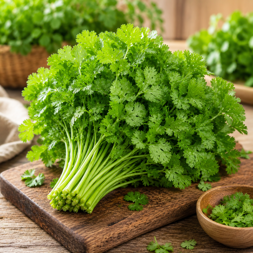 Fresh broad leaf coriander Dhania with healthy aromatic green foliage – F1 Hybrid coriander seeds for home gardening in Pakistan