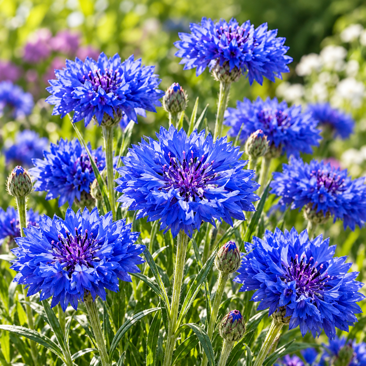 Cornflower Bachelor's Button Double Royal Blue with vibrant deep-blue densely layered fringed flowers and slender green stems – winter flower seeds for beds borders bouquets and grow bags Pakistan