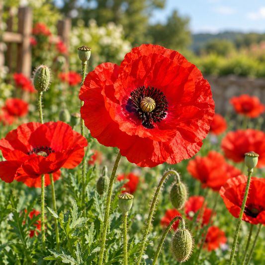 Corn Poppy Red Papaver rhoeas with bright silky scarlet-red flowers and dark centres – winter flower seeds for pots beds borders and grow bags in Pakistan