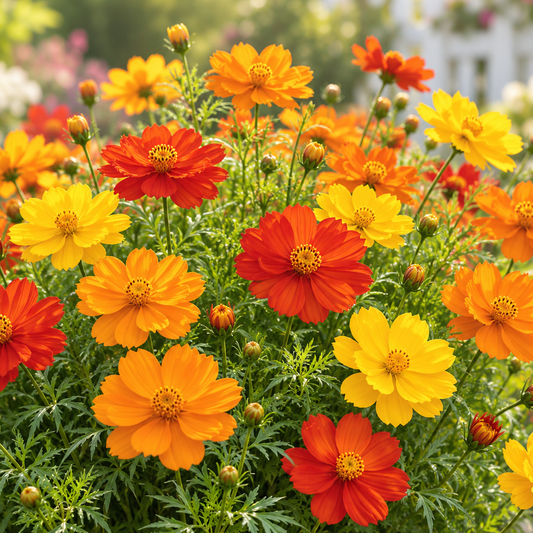 Cosmos Carpet Dwarf Mix with compact colourful semi-double flowers – heat-tolerant summer flower seeds for pots, borders and grow bags in Pakistan