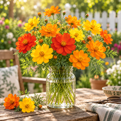 Cosmos Carpet Dwarf Mix with compact colourful semi-double flowers – heat-tolerant summer flower seeds for pots, borders and grow bags in Pakistan