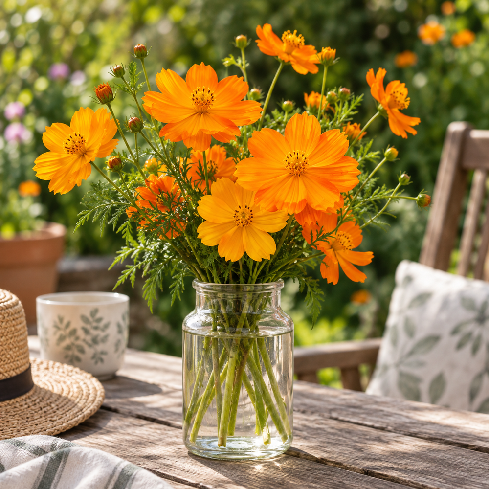 Cosmos sulphureus with bright yellow orange and golden daisy-like flowers – heat-tolerant summer flower seeds for gardens and grow bags in Pakistan