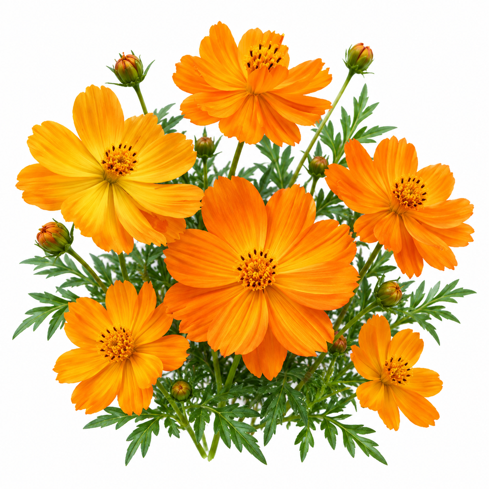 Cosmos sulphureus with bright yellow orange and golden daisy-like flowers – heat-tolerant summer flower seeds for gardens and grow bags in Pakistan