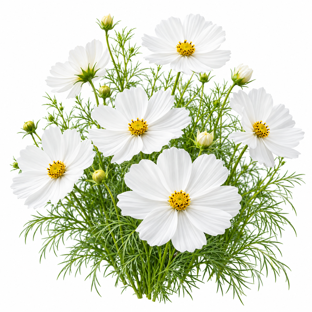 White Cosmos bipinnatus with pure white daisy-like flowers and yellow centres – summer and winter flower seeds for gardens and grow bags in Pakistan