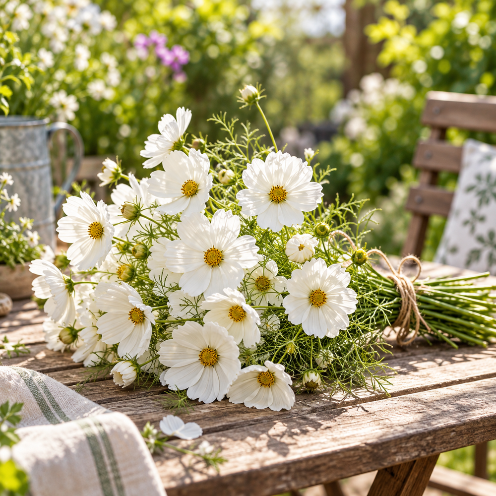 White Cosmos bipinnatus with pure white daisy-like flowers and yellow centres – summer and winter flower seeds for gardens and grow bags in Pakistan