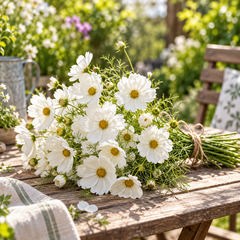 White Cosmos bipinnatus with pure white daisy-like flowers and yellow centres – summer and winter flower seeds for gardens and grow bags in Pakistan