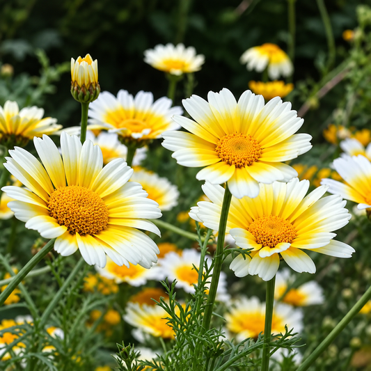 Crown Daisy Chrysanthemum coronarium with yellow and yellow-white daisy-like flowers – winter flower seeds for gardens and grow bags in Pakistan