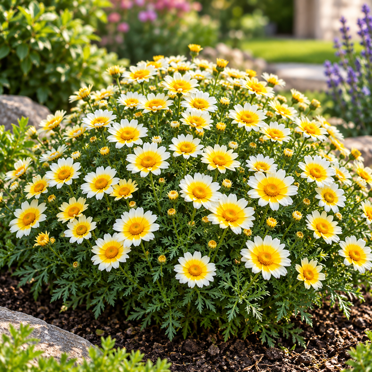 Crown Daisy Chrysanthemum coronarium with yellow and yellow-white daisy-like flowers – winter flower seeds for gardens and grow bags in Pakistan