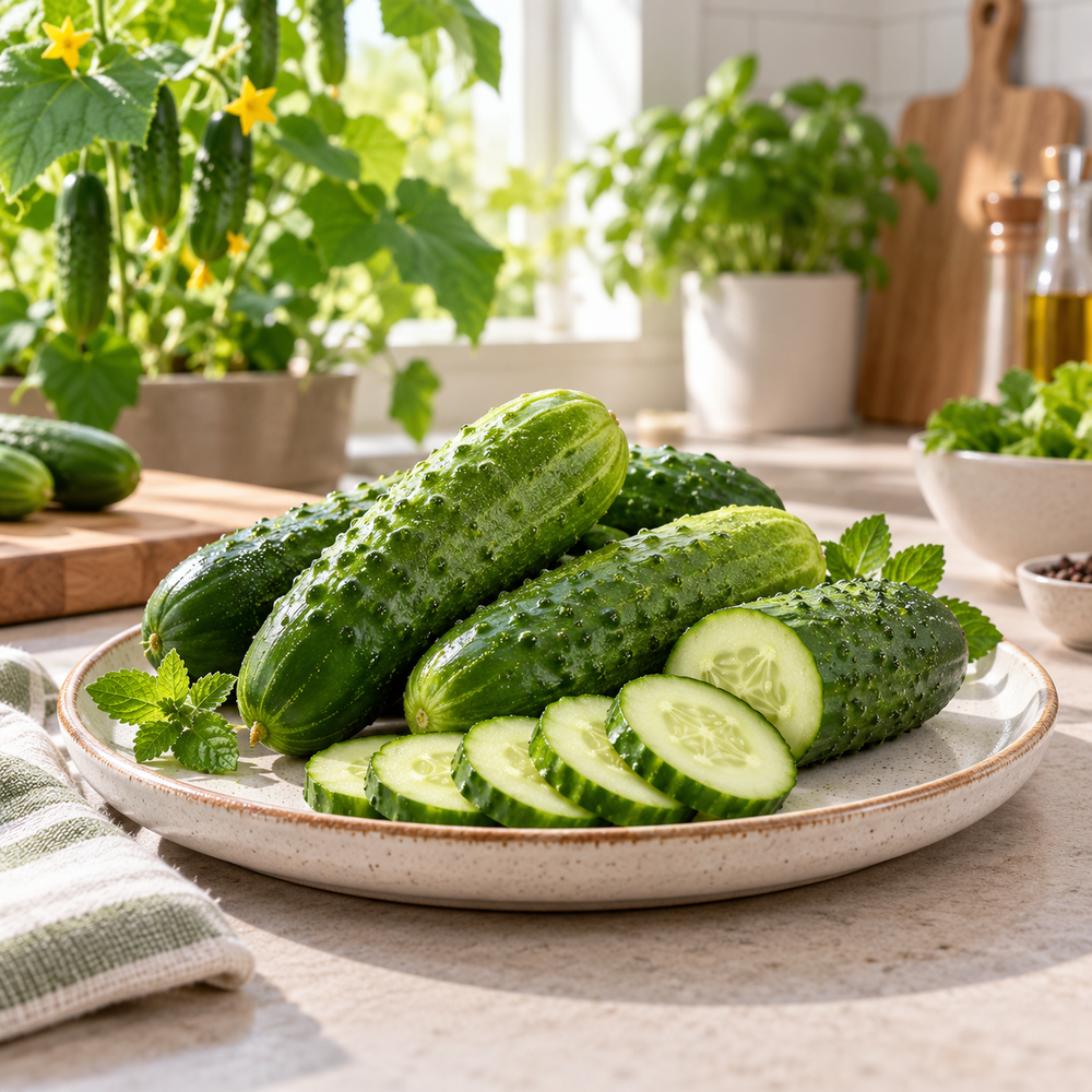 Fresh young Favorite pickling cucumbers growing on a vigorous green vine – Azerbaijani cucumber seeds for home gardening in Pakistan