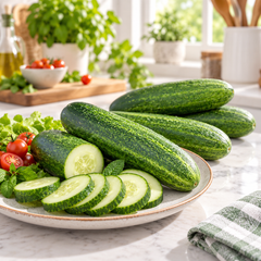 Fresh green F1 hybrid desi cucumbers growing on a healthy climbing vine – cucumber seeds for home and kitchen gardening in Pakistan