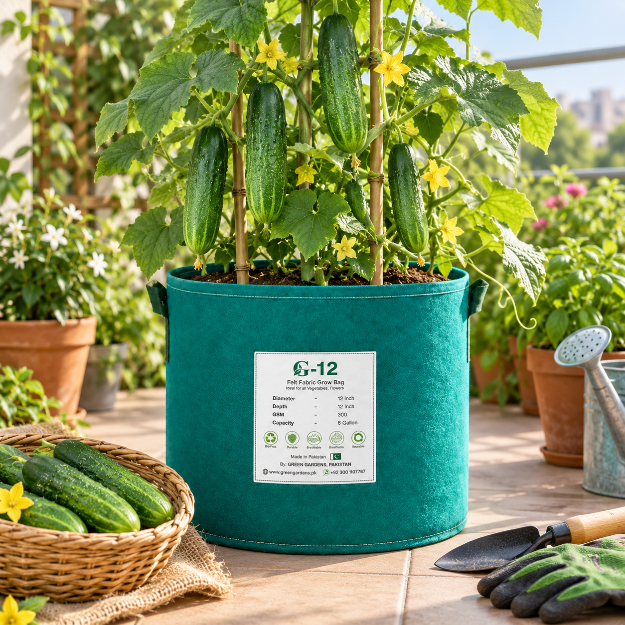 Fresh green F1 hybrid desi cucumbers growing on a healthy climbing vine – cucumber seeds for home and kitchen gardening in Pakistan