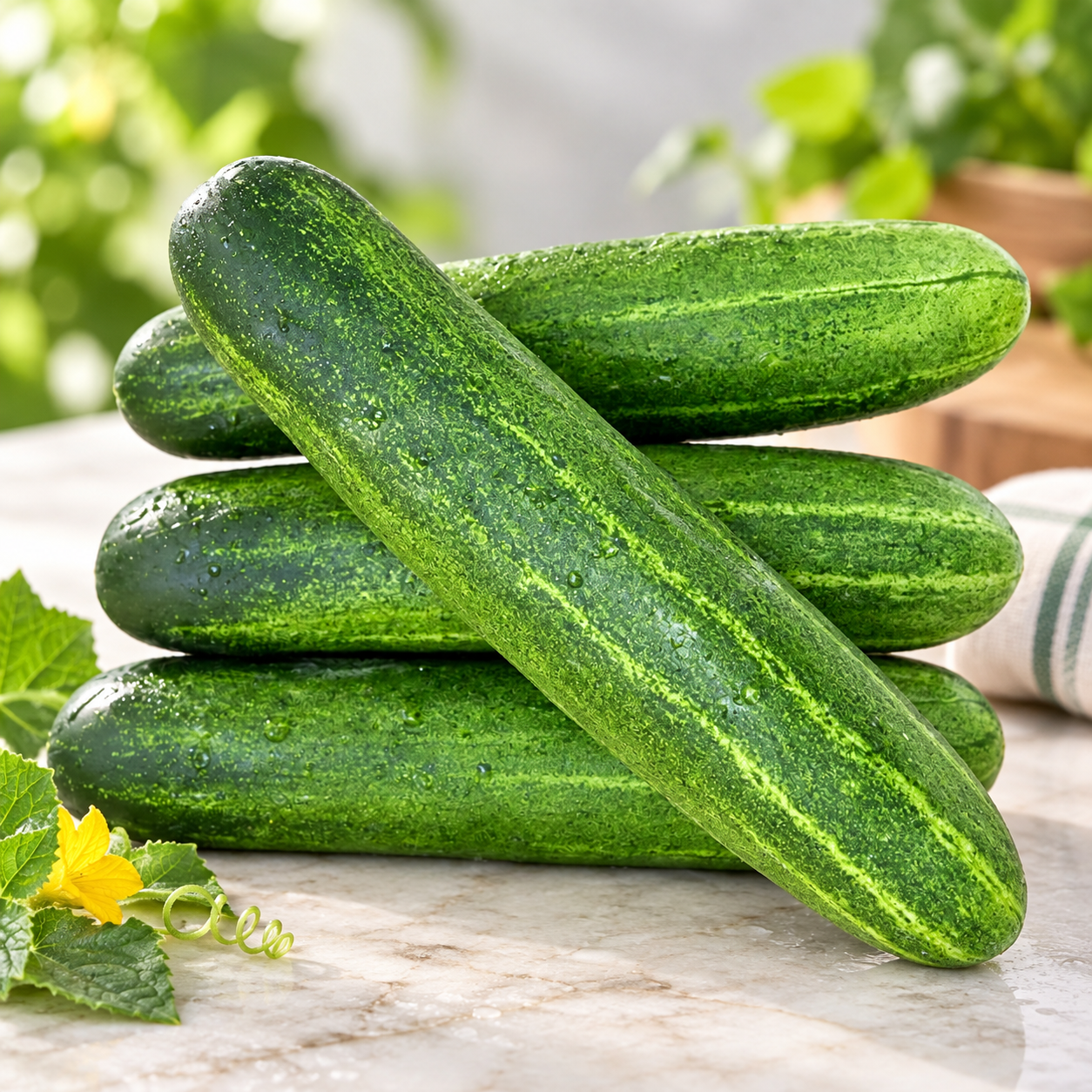 Fresh green F1 hybrid desi cucumbers growing on a healthy climbing vine – cucumber seeds for home and kitchen gardening in Pakistan