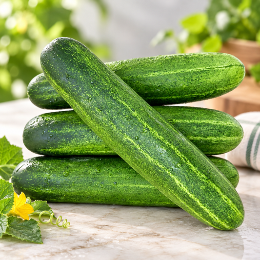 Fresh green F1 hybrid desi cucumbers growing on a healthy climbing vine – cucumber seeds for home and kitchen gardening in Pakistan