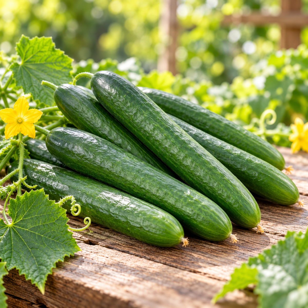 Dark green glossy PARAS F1 parthenocarpic cucumbers growing on a vigorous trellised vine – high-yield cucumber seeds in Pakistan