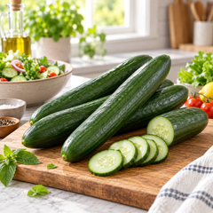 Dark green glossy PARAS F1 parthenocarpic cucumbers growing on a vigorous trellised vine – high-yield cucumber seeds in Pakistan