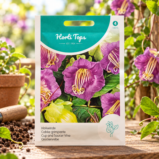 Purple Cup and Saucer Vine Cobaea scandens perennial climber with violet-purple bell-shaped flowers and green saucer-like calyces growing on a sturdy garden trellis