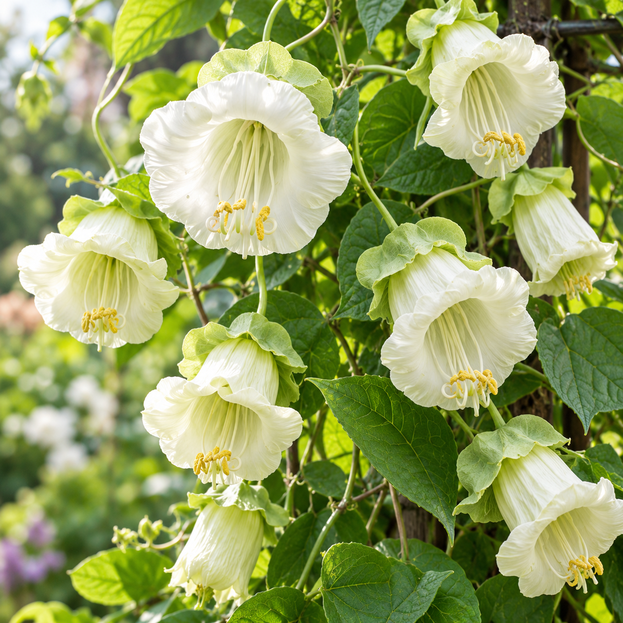 White Alba Cup and Saucer Vine Cobaea scandens perennial climber with elegant creamy-white bell-shaped flowers and green saucer-like calyces growing on a garden trellis