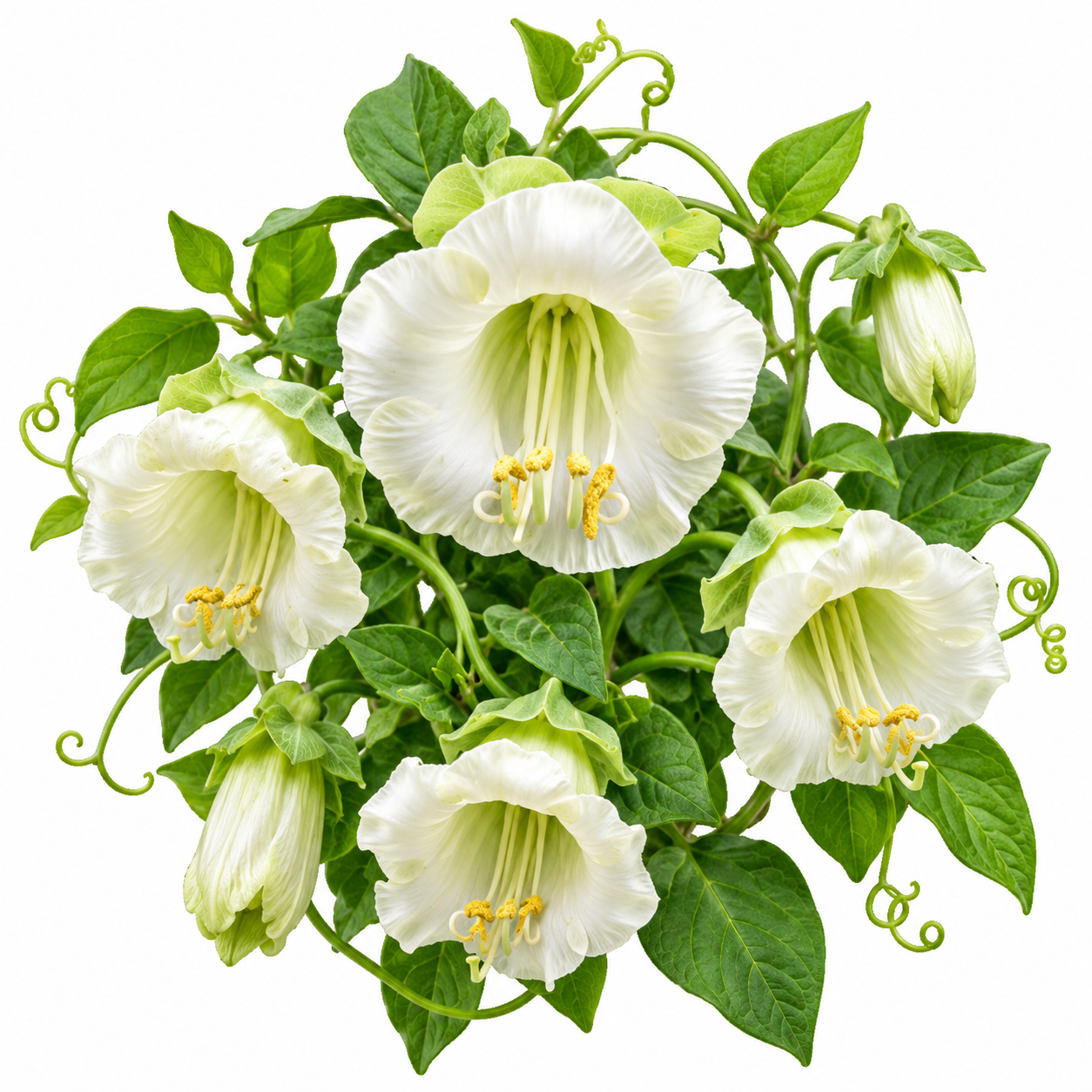 White Alba Cup and Saucer Vine Cobaea scandens perennial climber with elegant creamy-white bell-shaped flowers and green saucer-like calyces growing on a garden trellis
