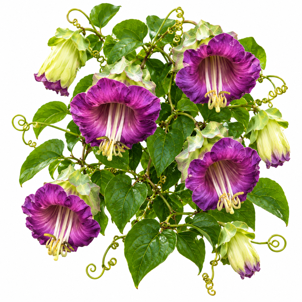 Cup and Saucer Vine Cobaea scandens with large violet-purple bell-shaped flowers and saucer-like calyx climbing on trellis – summer vine seeds in Pakistan