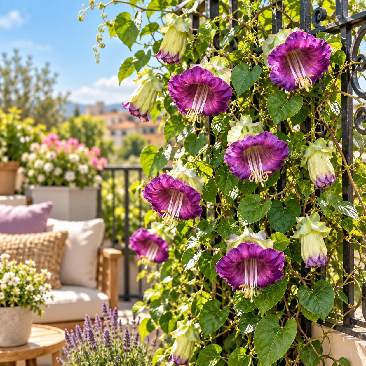 Cup and Saucer Vine Cobaea scandens with large violet-purple bell-shaped flowers and saucer-like calyx climbing on trellis – summer vine seeds in Pakistan