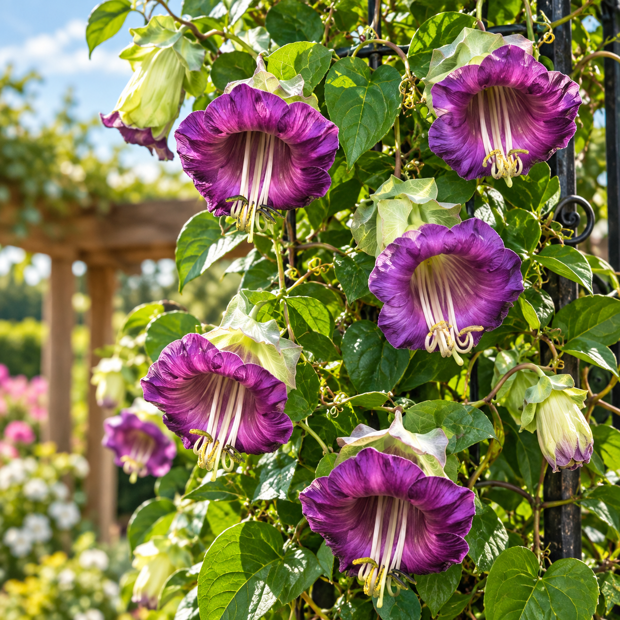 Cup and Saucer Vine Cobaea scandens with large violet-purple bell-shaped flowers and saucer-like calyx climbing on trellis – summer vine seeds in Pakistan